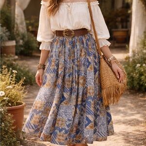 Vintage Boho Coastal Blue and Brown Patchwork Midi Skirt Made in Canada